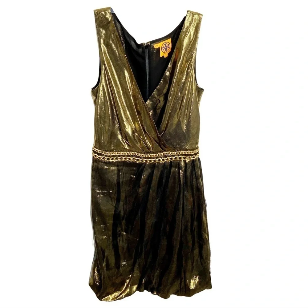 Tory Burch Size 4 Gold Metallic Silk V-neck Chain Dress Bubble Skirt